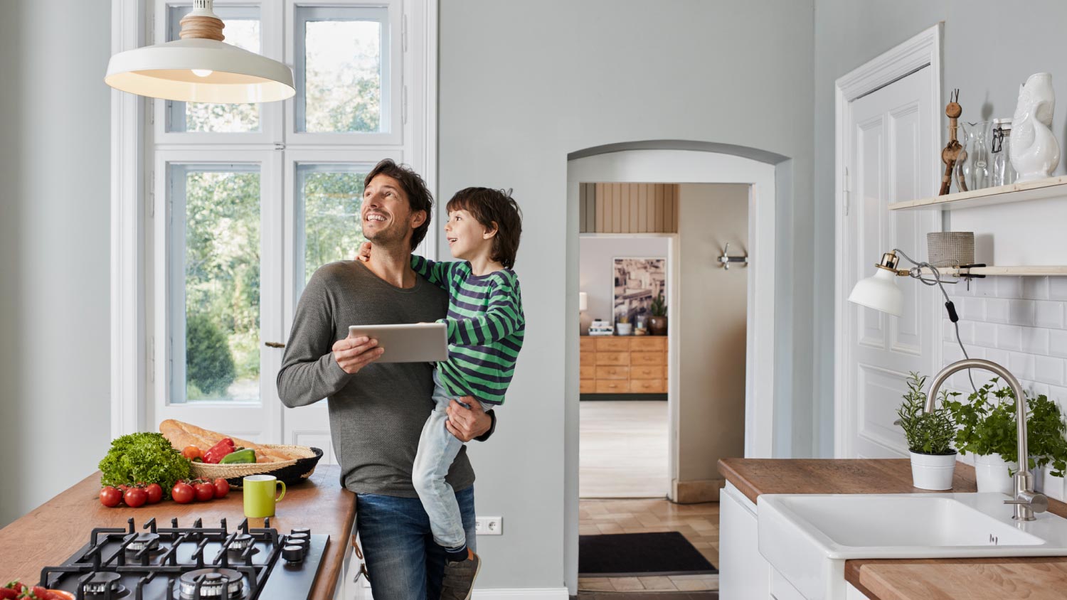 dad and son in kitchen