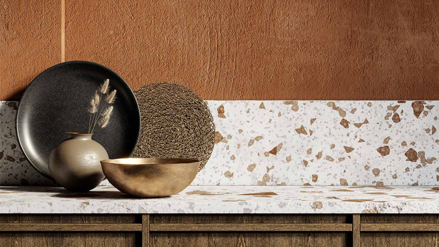 Terrazzo countertops with bowls and plates