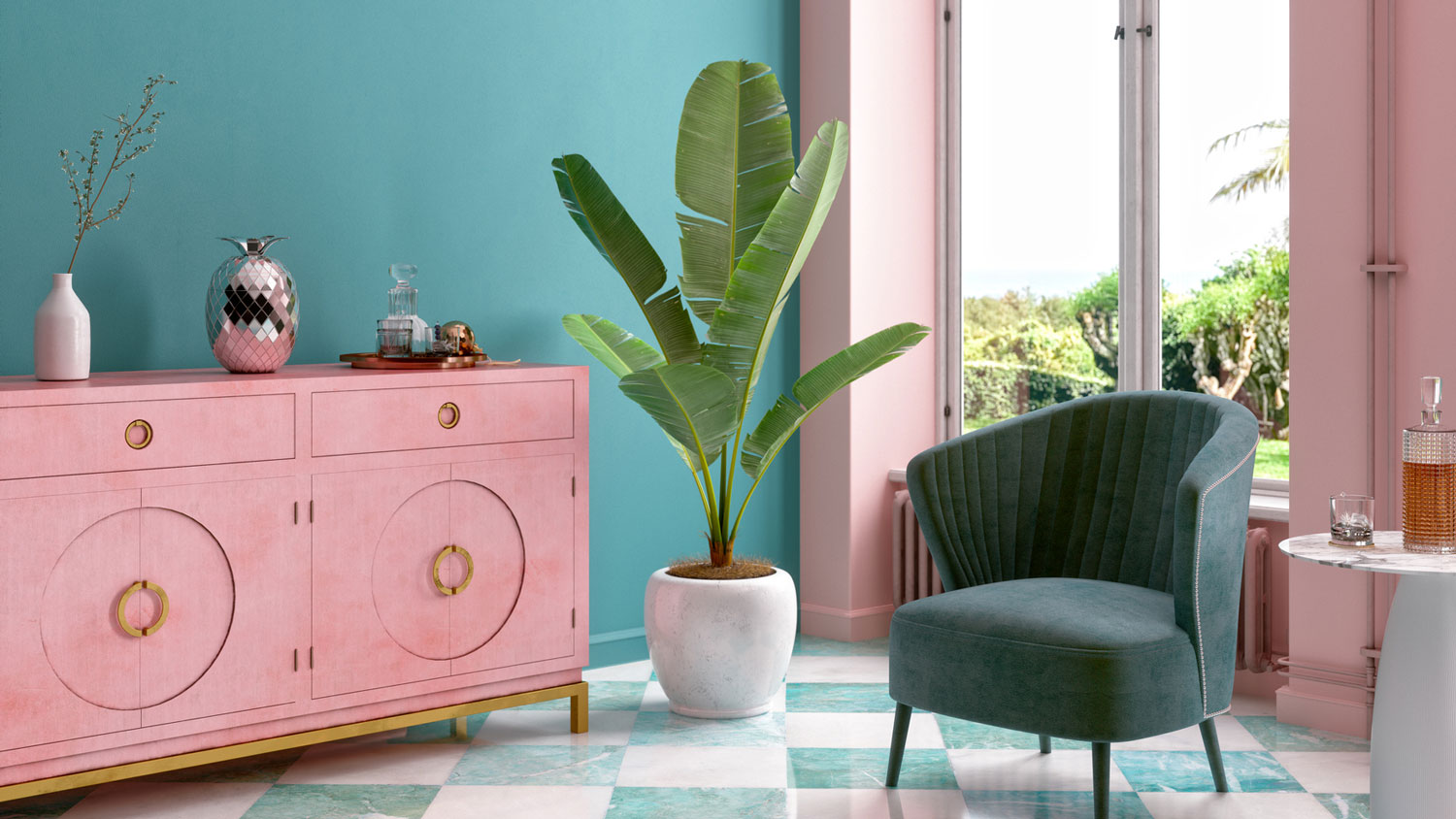 Mid century furniture in pastel colors