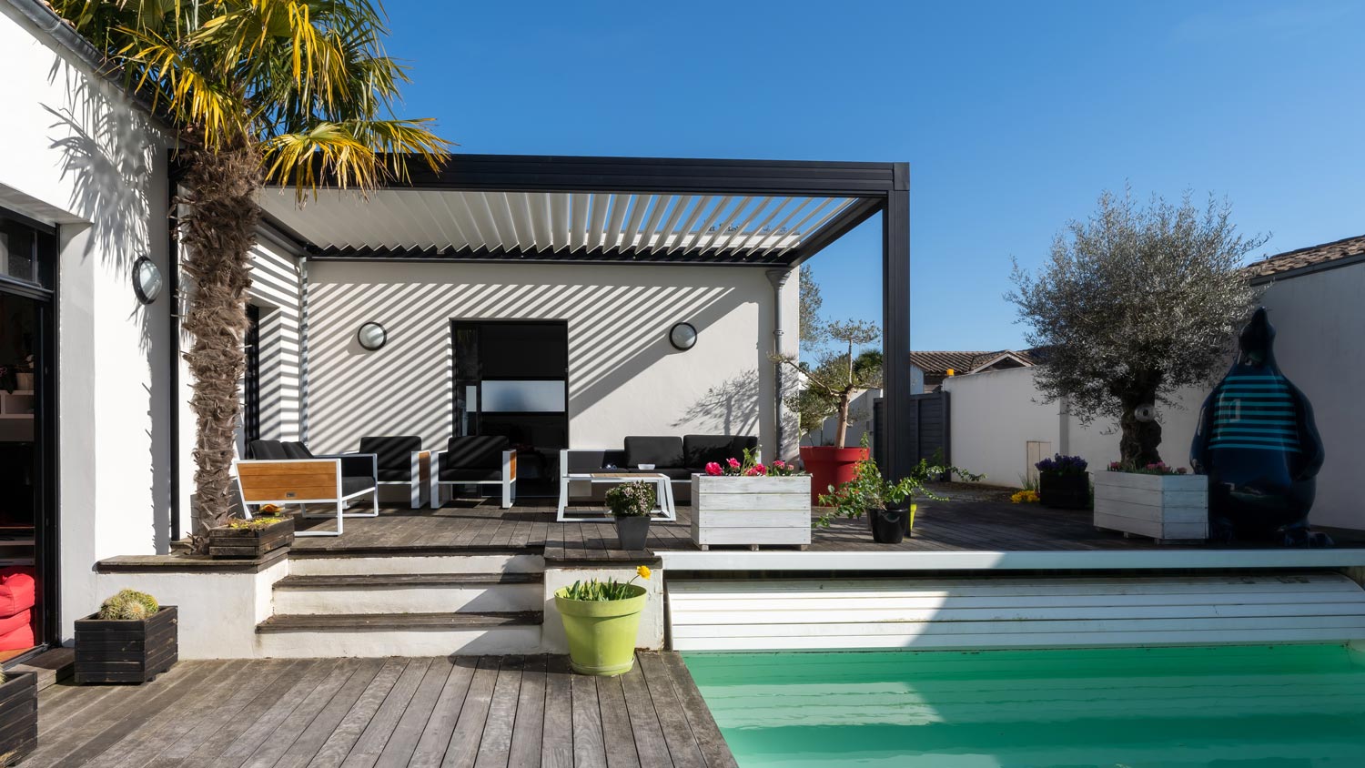 A modern deck with a roof